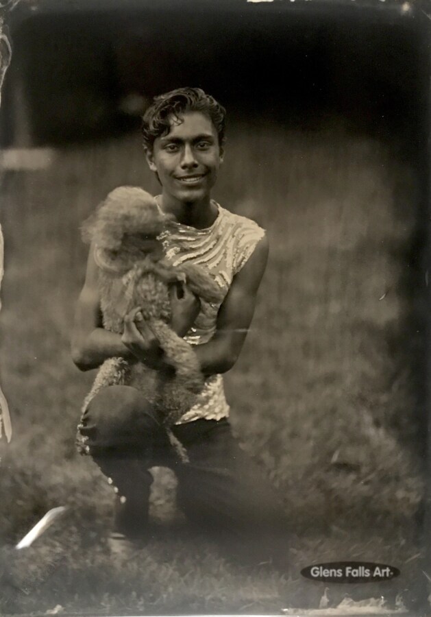 glens-falls-art-tintype-by-craig-murphy-zerbini-family-circus performer and his dog in Glens Falls NY