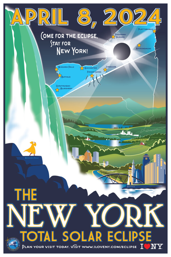 Great North American Eclipse poster created through I LOVE NY's partnership with acclaimed artist and professional astronomer Dr. Tyler Nordgren